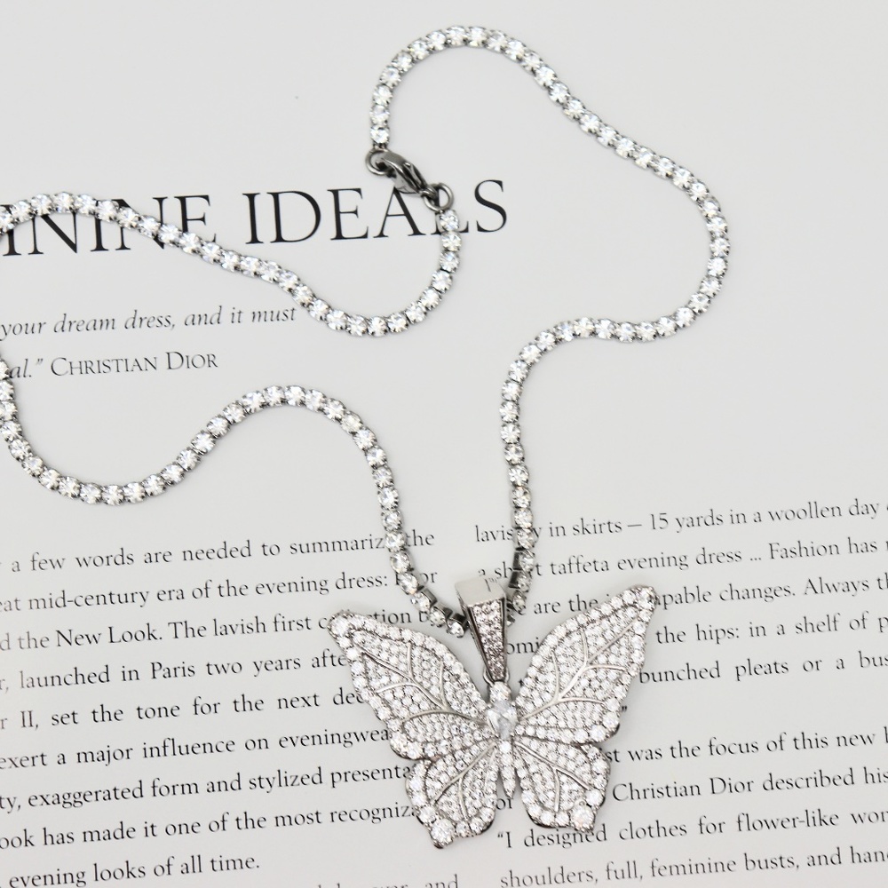 CZ Iced Butterfly Pendant w Gold Silver Iced Chain - Picture 8 of 10